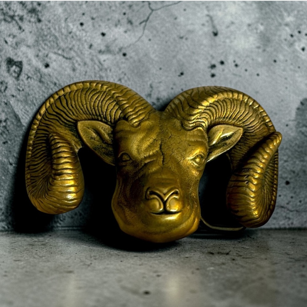 Vintage Solid Brass Ram Head 1978 Baron Belt Buckle